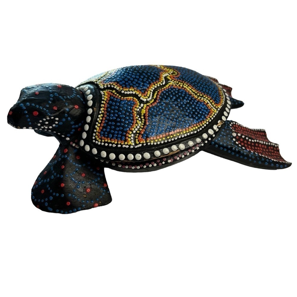 Sea Turtle Trinket Box Hand Painted Carved Wood 9X5 Art Animal Carving Dot Paint - Picture 4 of 12